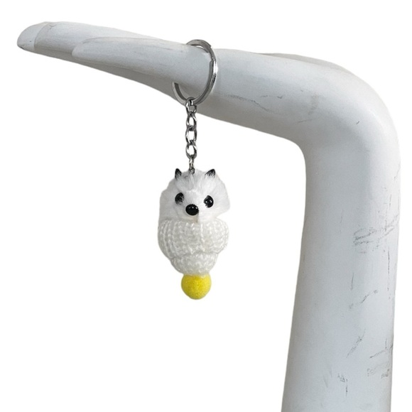 White Animal Keychain with Yellow Pom Pom in Mini Knitted Hat - Picture 9 of 11